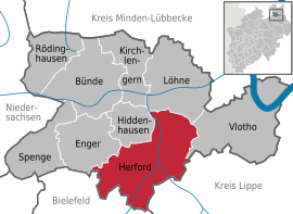 Poloha mesta Herford v rámci spolkovej krajiny Severné Porýnie-Vestfálsko a okresu Herford