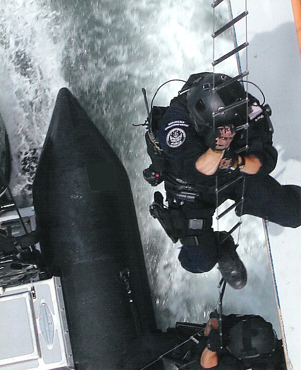 Members of the U.S. Coast Guard Maritime Security Response Team (MSRT) hooking and climbing onto a target to show the skills needed to complete a vari