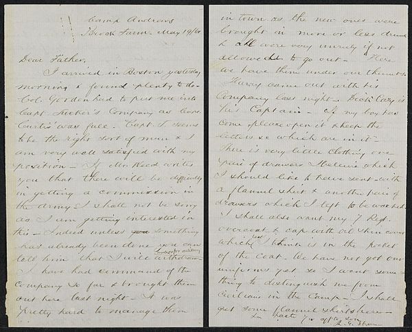 Letter from Robert Gould Shaw to his father from Camp Andrew, May 1861