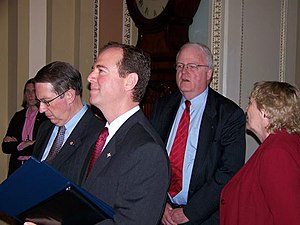 The House Managers wait to take the Articles of Impeachment to the Senate on June 24. First row: Bob Goodlatte and Adam Schiff, lead Managers. Second row: Jim Sensenbrenner and Zoe Lofgren. Housemanagers.jpg