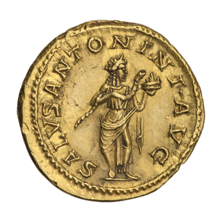 Reverse of an aureus of Elagabalus, marked: salus antonini aug· ("the Health of Antoninus Augustus")
