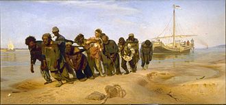 Tableau représentant dix hommes sur la berge d'une rivière, halant un bateau.