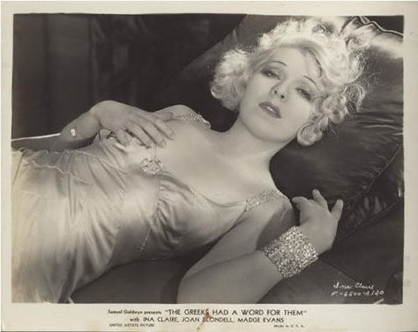 Ina Claire in a pre-code publicity still for The Greeks Had a Word for Them (1932), lying in her nightgown in a seductive pose, which provoked outrage