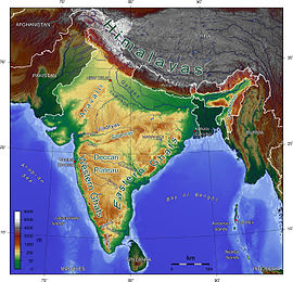 Mapa hlavných riek a pohorí v Indii