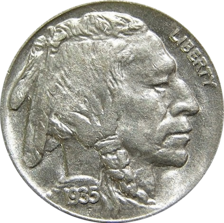 The obverse side of a Buffalo nickel, featuring the head of a Native American, was used as a model for the Redskins logo.