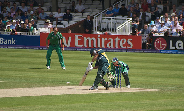 Ireland playing against Pakistan at the Kennington Oval during the 2009 T20 World Cup. Niall O'Brien is keeping wicket whilst and Trent Johnston is th