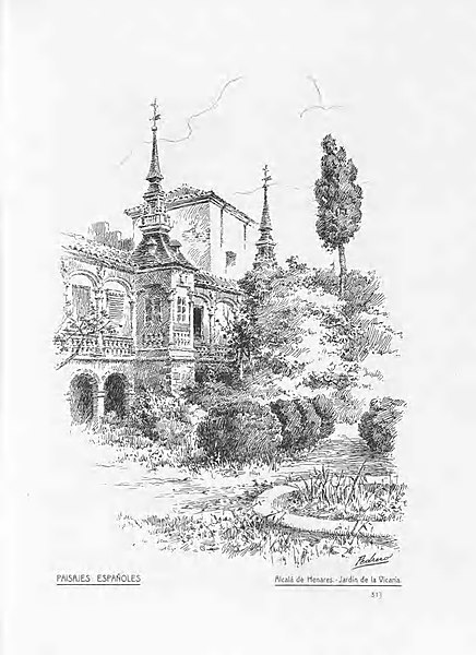 File:Jardín de la Vicaría, almanaque IEA 1913, pag., dibujo Mariano Pedrero.jpg