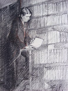 Jean de Pange dans sa bibliothèque Rue de Varenne, dessin par son fils François de Pange.jpeg