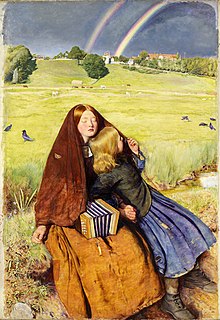 The Blind Girl, oil painting (1856) by John Everett Millais. The rainbow - one of the beauties of nature that the blind girl cannot experience - is used to underline the pathos of her condition. John Everett Millais - The Blind Girl, 1854-56.jpg