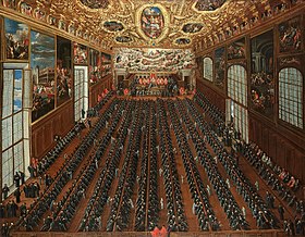 Slika zasjedanja Velikog vijeća u velikoj dvorani Duždeve palače na prvom katu (slika Josepha Heintza Mlađeg)