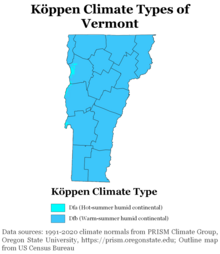 Koppen climate types of Vermont, using 1991-2020 climate normals. Koppen Climate Types Vermont.png