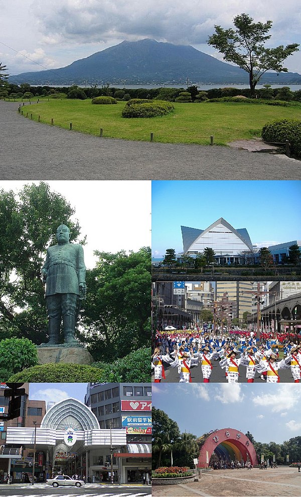 From top, left to right: Senga-en Garden, Saigō Takamori statue, Kagoshima Aquarium, Ohara Festival, Tenmonkan, Hirakawa Zoological Park