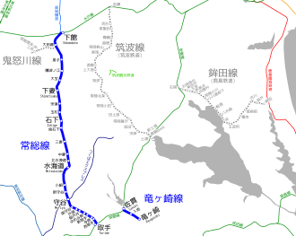 Lines map Kanto Railway, Tsukuba Railway (suspended 1987), and others Kanto Railway Linemap.svg
