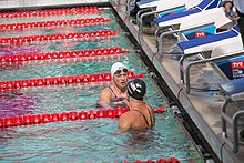 Ledecky and Leah Smith are alone at the finish after the 800m free in 2018 Katie Ledecky and Leah Smith are alone at the finish after the 800m free (41869226145).jpg