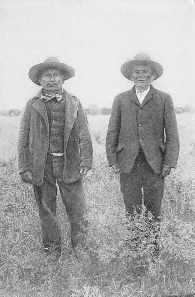 Photograph of two middle-aged men in Euro-American dress standing in a field