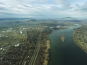 Aerial view of Kennewick from above the Columbia River