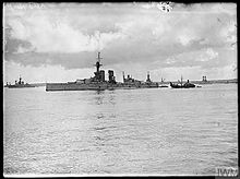 King George V at anchor in the Firth of Forth, 1917; alongside is the submarine K4 King George V SP 1757.jpeg