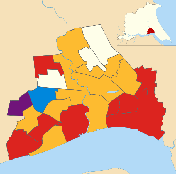 Map of the results of the 2004 Hull council election. Labour in red, Liberal Democrats in yellow, Conservatives in blue, UKIP in purple, Uncontested in cream.