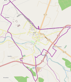 Mapa konturowa Koła, w centrum znajduje się punkt z opisem „Ratusz miejski w Kole”