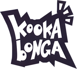 El nombre del juego se muestra en letras mayúsculas blancas grandes e irregulares rodeadas de negro.  Aparece un destello en la parte superior derecha del logotipo, también rodeado de negro.  "Kooka" se coloca en la parte superior y "Bonga" en la parte inferior.