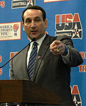 Mike Krzyzewski, head coach at Duke University from 1980 to 2022, during which he led the Blue Devils to five national titles, also coached the United States men's national basketball team, which he led to three Olympic gold medals Krzyzewski at Pentagon cropped.JPG