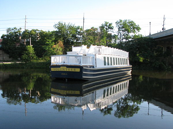 The Volunteer, an 1848 replica canal boat on the Illinois and Michigan Canal at LaSalle, Illinois.