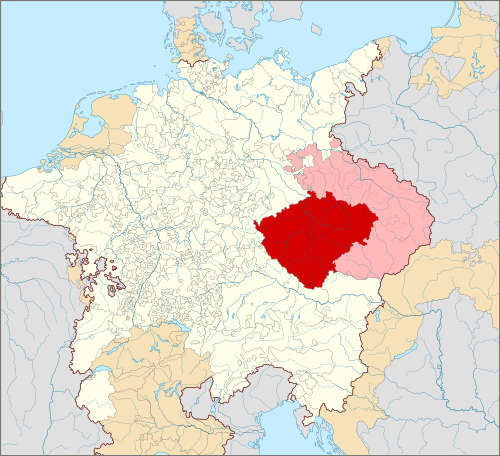 The Kingdom of Bohemia (dark red) with other Bohemian Crown lands (light red) within the Holy Roman Empire (1618)
