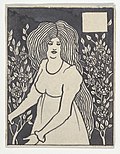 Миниатюра для Файл:Long-haired Woman in Front of Tall Rosebushes (Chapter Heading, Thomas Malory, "Le Morte d'Arthur," J. M. Dent, 1893–4, Part IX, book xiii, chapter viii, p. 700, and Part XII, book xxi, chapter viii, p. 972) MET DP836138.jpg