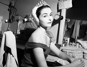 Lynn Seymour, Royal Ballet, dressed for Swan Lake in her dressing room at the Empire Theatre, Sydney, 29 October 1958 - photographer Norm Danvers (8143611232).jpg