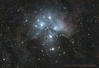 A widefield view of The Pleiades showing the surrounding dust. Image taken with 7 hours of total exposure time.