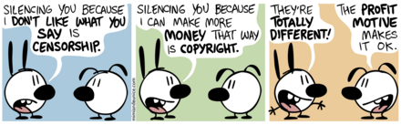 Free culture activists are critical of the censorship by copyright practice, as seen in this Mimi & Eunice by Nina Paley webcomic on "Censorship vs. Copyright". ME 402 CensorshipVsCopyright1.png