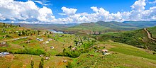 An aerial view of a village located in the Maloti Mountain range.