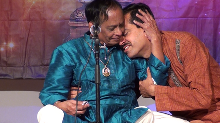 Mangalampalli Balamuralikrishna and Ravi Joshi, during a concert in San Francisco, California, April 2014
