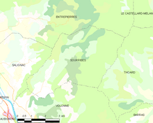 Mapa elementar mostrando os limites do município, municípios vizinhos, zonas de vegetação e estradas