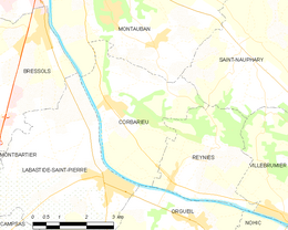 Carte de la commune de Corbarieu et de ses proches communes.