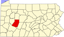 Location of Indiana County in Pennsylvania Map of Pennsylvania highlighting Indiana County.svg