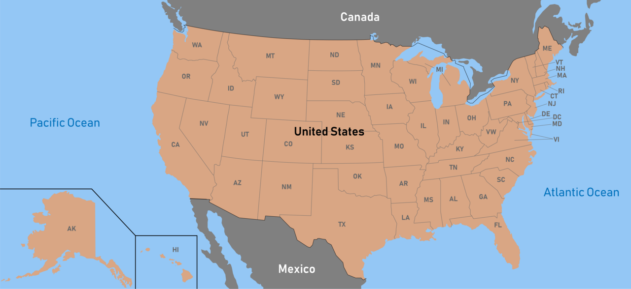 A map of US states showing their abbreviations