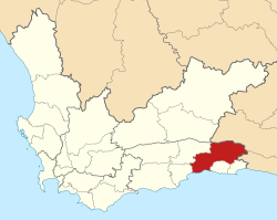 Kaart van Suid-Afrika wat George in Wes-Kaap aandui