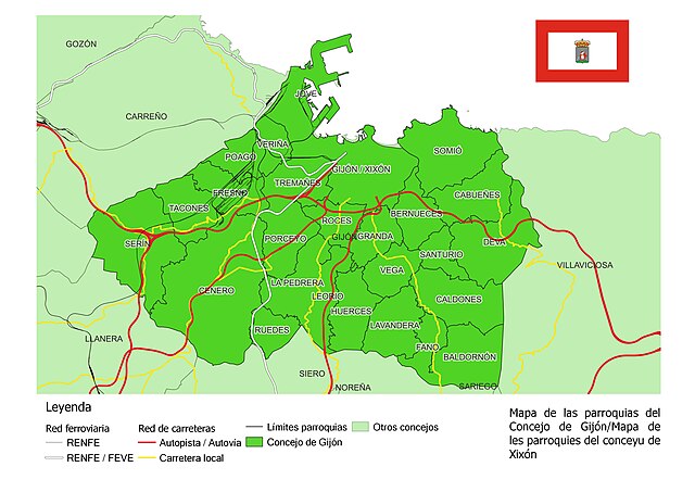 En la imagen se muestran las parroquias contenidas en el concejo de Gijón, junto a las principales vías de comunicación compuestas por carreteras y líneas de ferrocarril