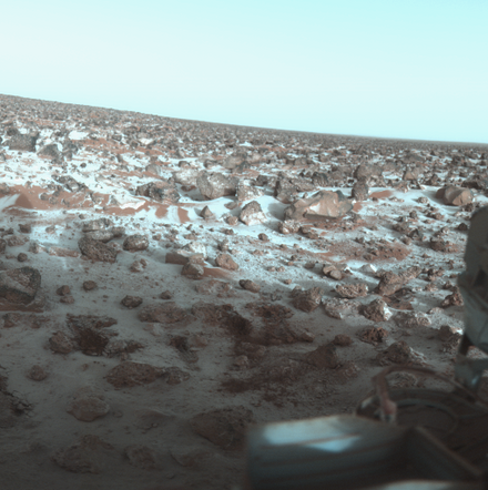 Surface of Mars in a false-color photograph by the Viking 2 lander December 9, 1977.