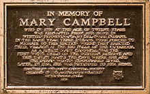 Memorial plaque located in the cave. Mary Campbell Memorial.jpg