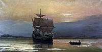 Mayflower v přístavu v Plymouthu, autor William Halsall