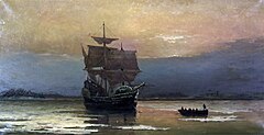 Image 30Mayflower in Plymouth Harbor by William Halsall (1882) (from History of Massachusetts)