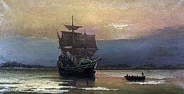 Mayflower in Plymouth Harbor, by William Halsall.jpg