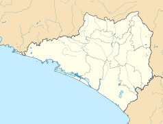 Mapa konturowa Colimy, blisko centrum na lewo znajduje się punkt z opisem „Manzanillo”