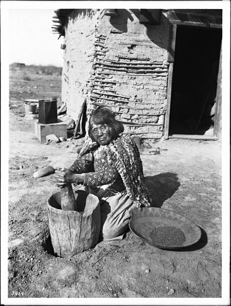 File:Mojave Indian woman pounding mesquite beans in a metate made from the stump of a tree, ca.1900 (CHS-3414).jpg