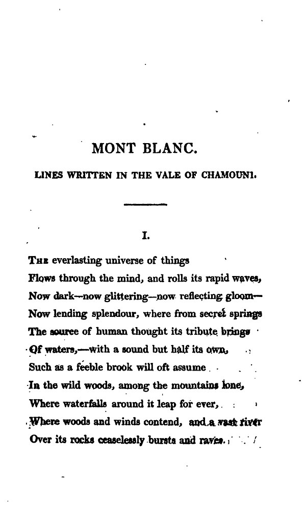 First page of Percy Bysshe Shelley's "Mont Blanc" from History of a Six Weeks' Tour