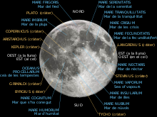 Cara visible de la Lluna amb els noms dels mars i cràters