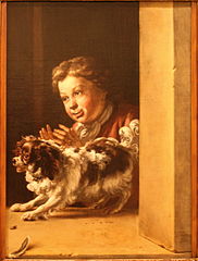 Jan Weenix, Enfant et chien dans une fenêtre en trompe-l’œil.