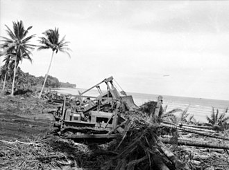 Two No. 14 Airfield Construction Squadron bulldozers knocking over trees to clear land for an airstrip on Morotai No 14 Airfield Construction Squadron RAAF Buldozers Morotai.jpg